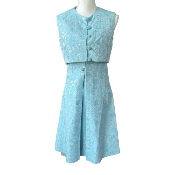 Dresses & Skirts - VTG 60s sky blue brocade cocktail dress matching shrug jacket women small